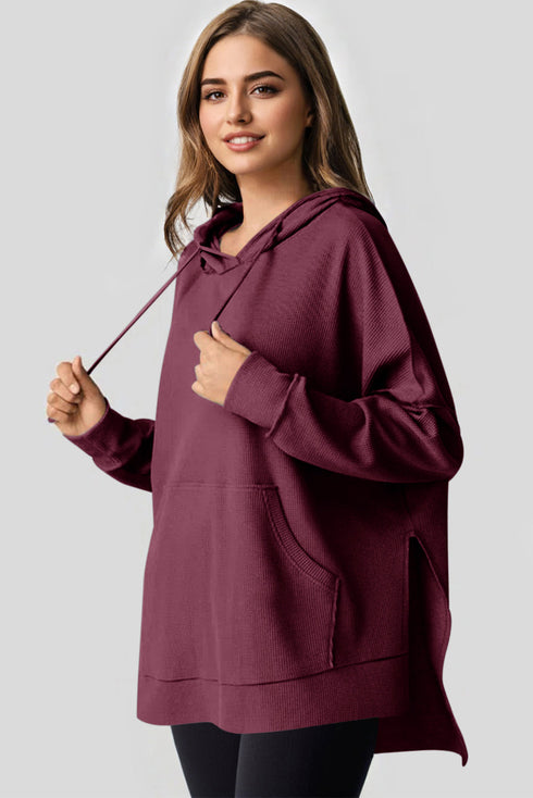 Relaxed Textured Waffle Knit Kangaroo Pocket Hoodie