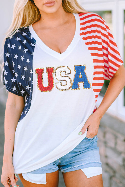 Relaxed V Neck Chenille Usa Graphic Short Sleeve Tee