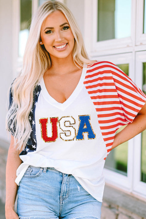 Relaxed V Neck Chenille Usa Graphic Short Sleeve Tee