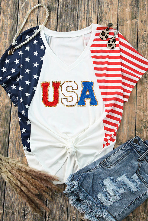 Relaxed V Neck Chenille Usa Graphic Short Sleeve Tee
