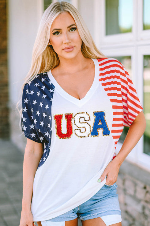 Relaxed V Neck Chenille Usa Graphic Short Sleeve Tee