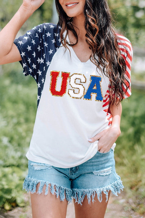 Relaxed V Neck Chenille Usa Graphic Short Sleeve Tee