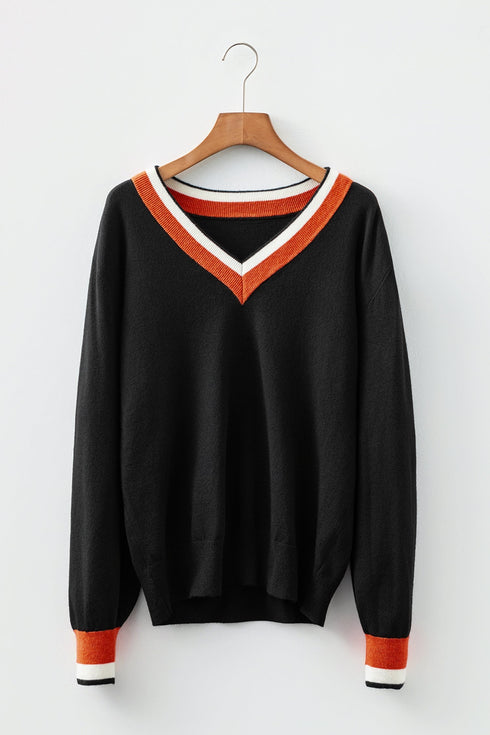 Relaxed V Neck Contrast Trim Pullover Sweater