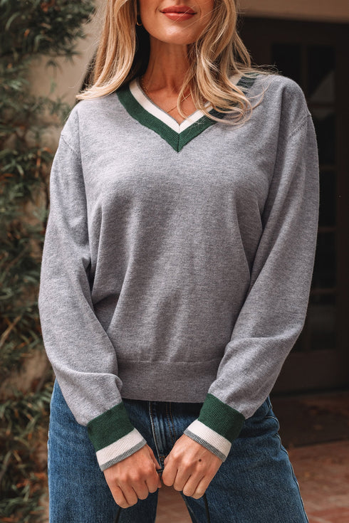Relaxed V Neck Contrast Trim Pullover Sweater