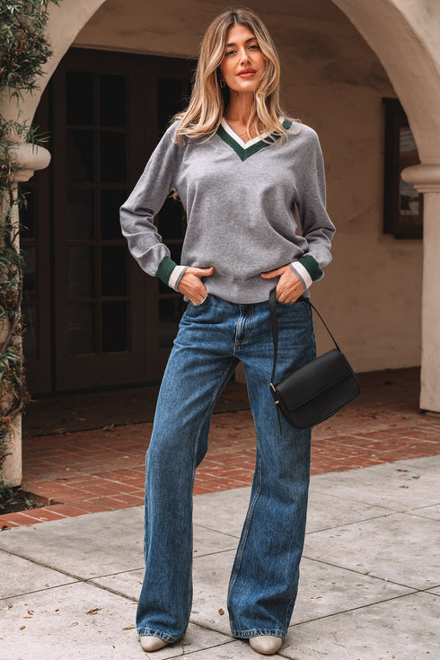 Relaxed V Neck Contrast Trim Pullover Sweater
