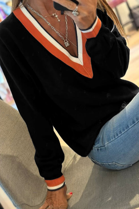 Relaxed V Neck Contrast Trim Pullover Sweater