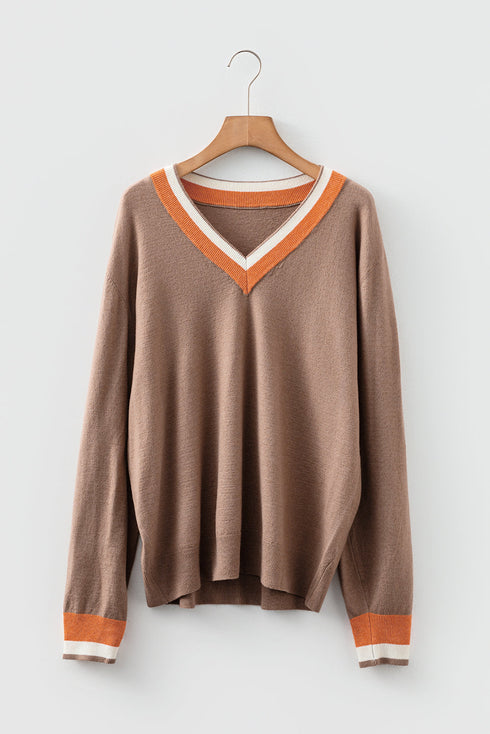 Relaxed V Neck Contrast Trim Pullover Sweater