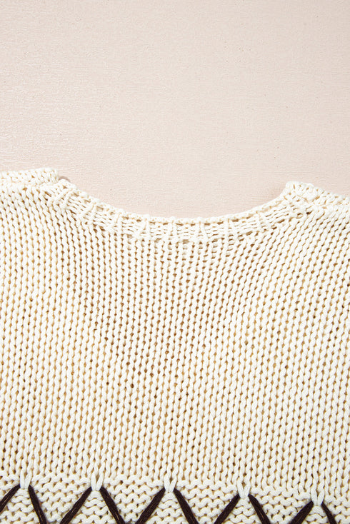Relaxed V Neck Cross Stitch Detail Knit Sweater