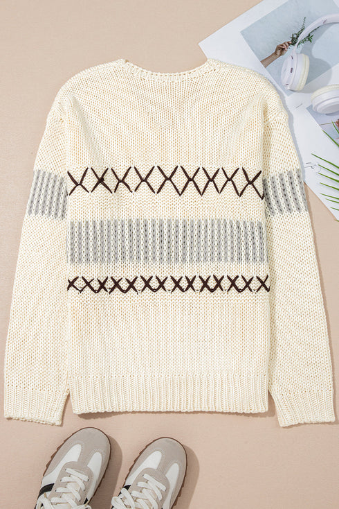 Relaxed V Neck Cross Stitch Detail Knit Sweater