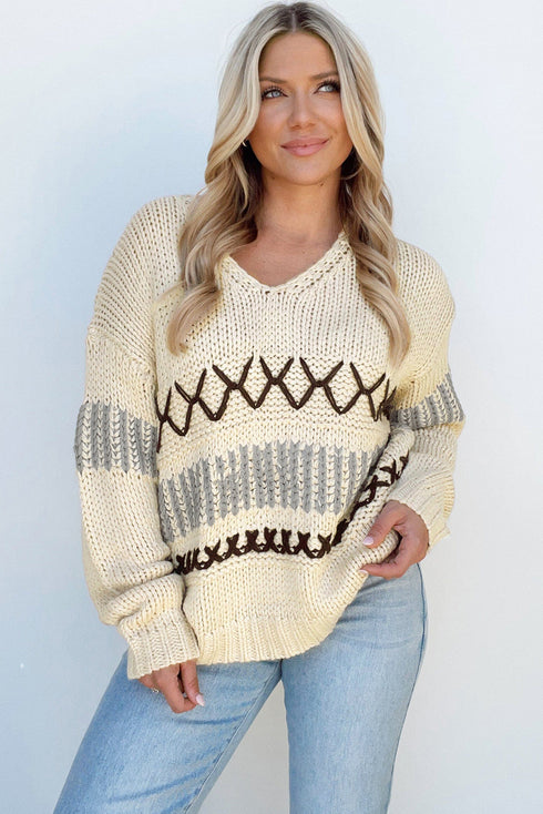 Relaxed V Neck Cross Stitch Detail Knit Sweater