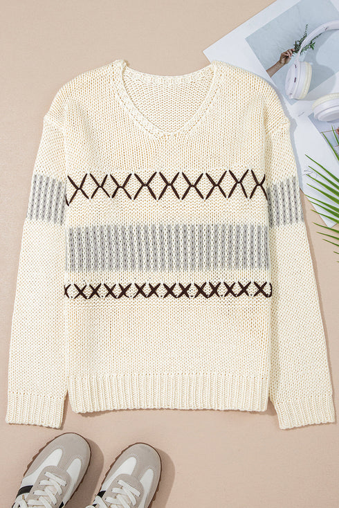 Relaxed V Neck Cross Stitch Detail Knit Sweater