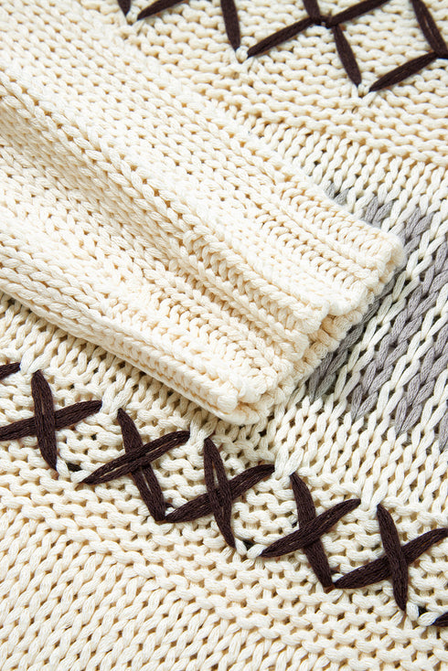 Relaxed V Neck Cross Stitch Detail Knit Sweater