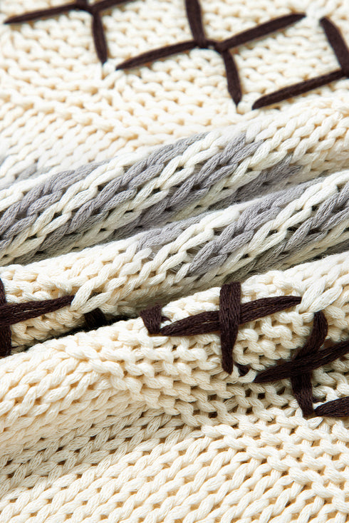 Relaxed V Neck Cross Stitch Detail Knit Sweater