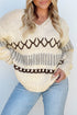 Relaxed V Neck Cross Stitch Detail Knit Sweater