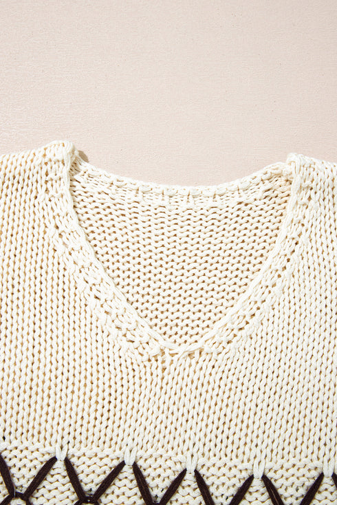 Relaxed V Neck Cross Stitch Detail Knit Sweater