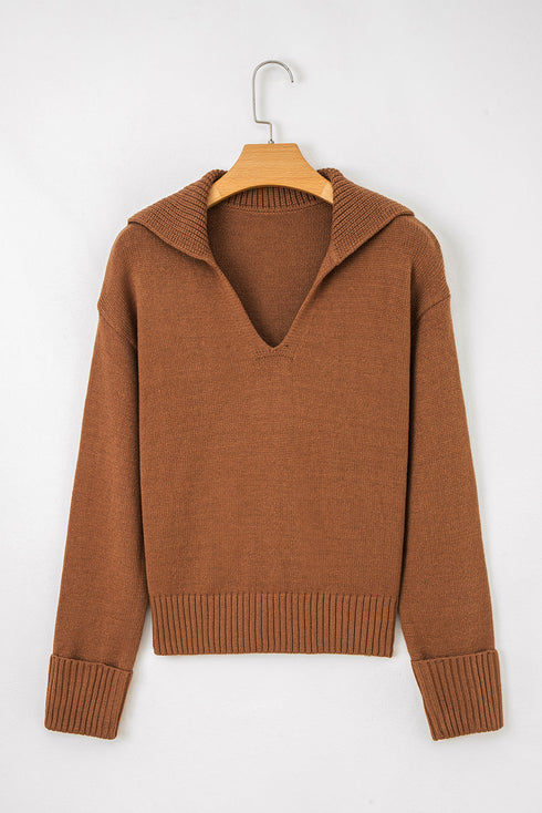 Relaxed V Neck Drop Shoulder Knit Hoodie