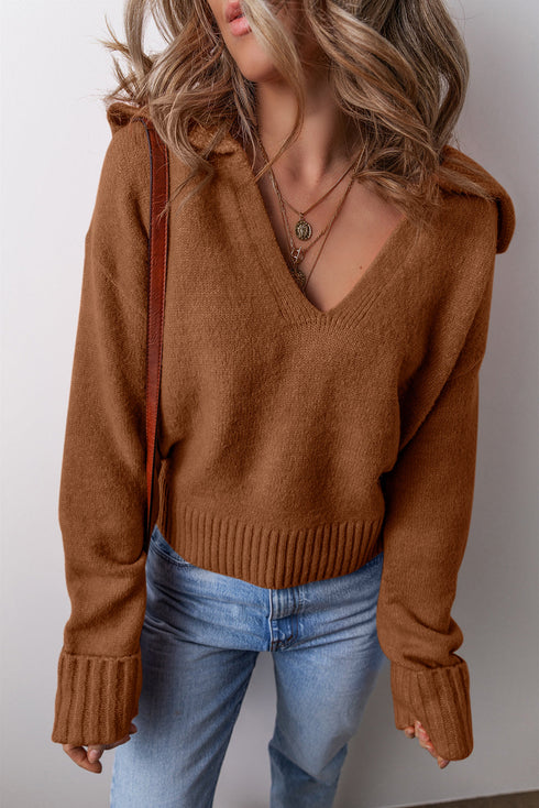 Relaxed V Neck Drop Shoulder Knit Hoodie