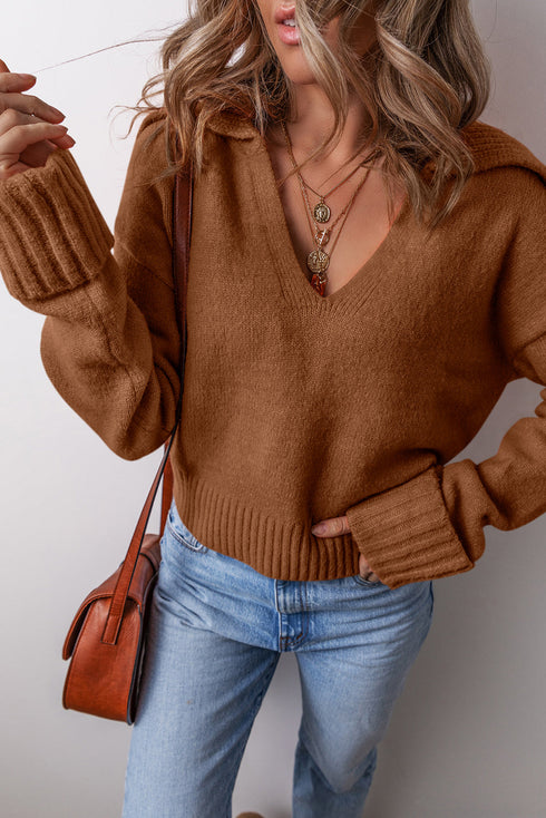 Relaxed V Neck Drop Shoulder Knit Hoodie