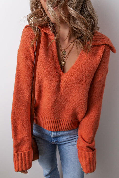 Relaxed V Neck Drop Shoulder Knit Hoodie
