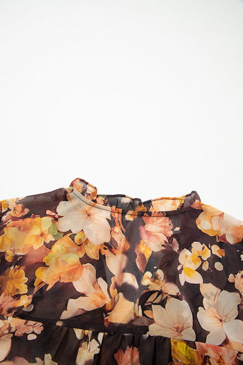 Relaxed V Neck Floral Print Puff Sleeve Blouse
