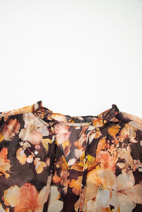 Relaxed V Neck Floral Print Puff Sleeve Blouse