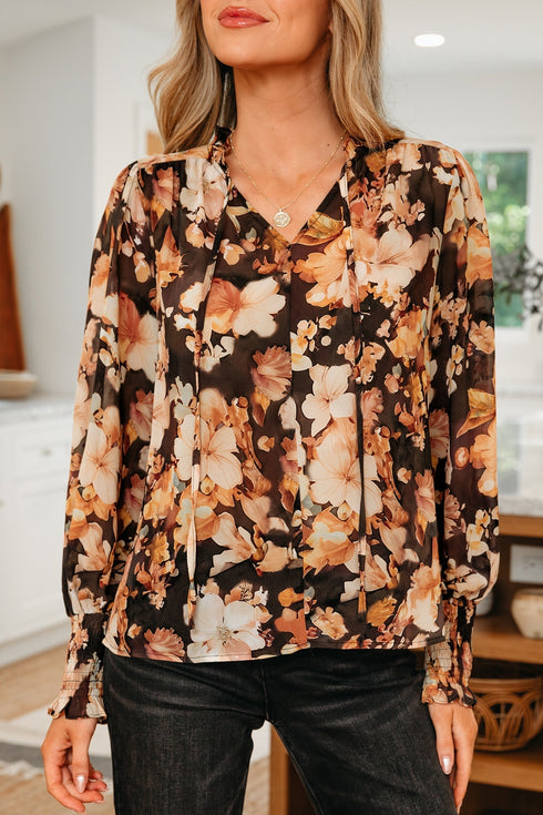 Relaxed V Neck Floral Print Puff Sleeve Blouse