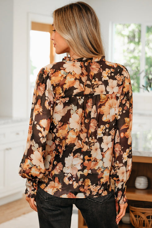 Relaxed V Neck Floral Print Puff Sleeve Blouse