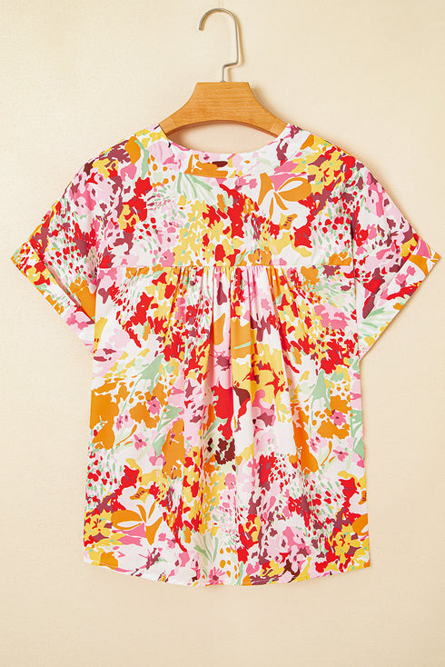 Relaxed V Neck Floral Print Short Sleeve Top