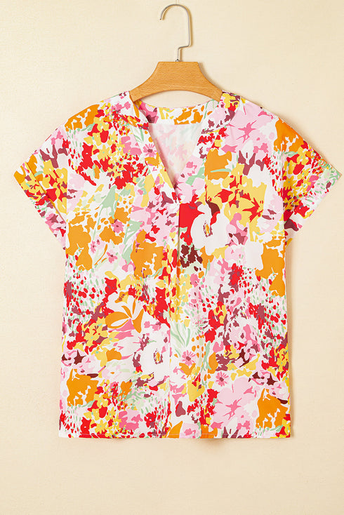 Relaxed V Neck Floral Print Short Sleeve Top