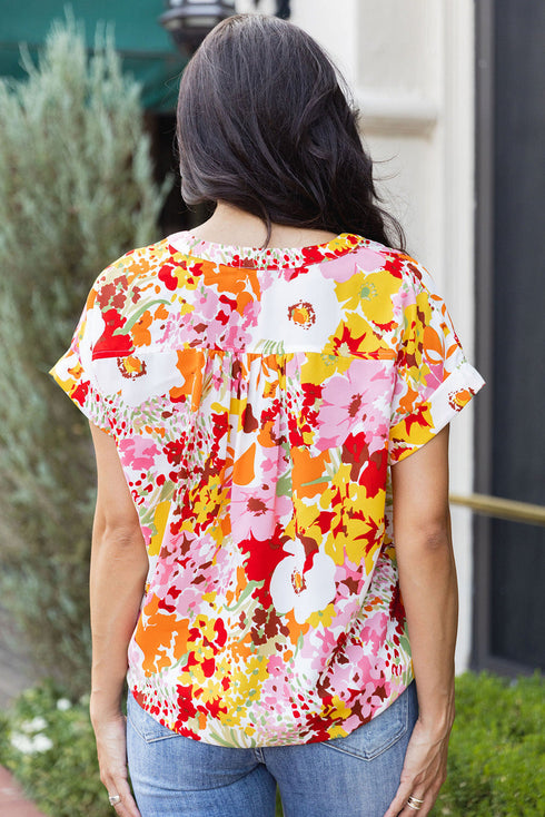 Relaxed V Neck Floral Print Short Sleeve Top