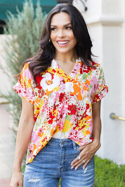 Relaxed V Neck Floral Print Short Sleeve Top