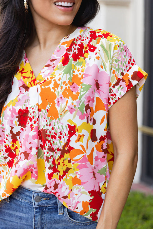 Relaxed V Neck Floral Print Short Sleeve Top