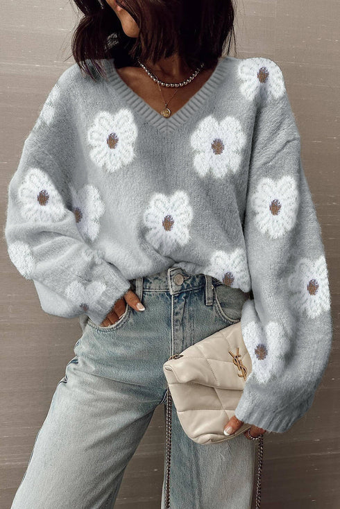 Relaxed V Neck Fuzzy Floral Pattern Pullover Sweater