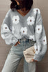 Relaxed V Neck Fuzzy Floral Pattern Pullover Sweater