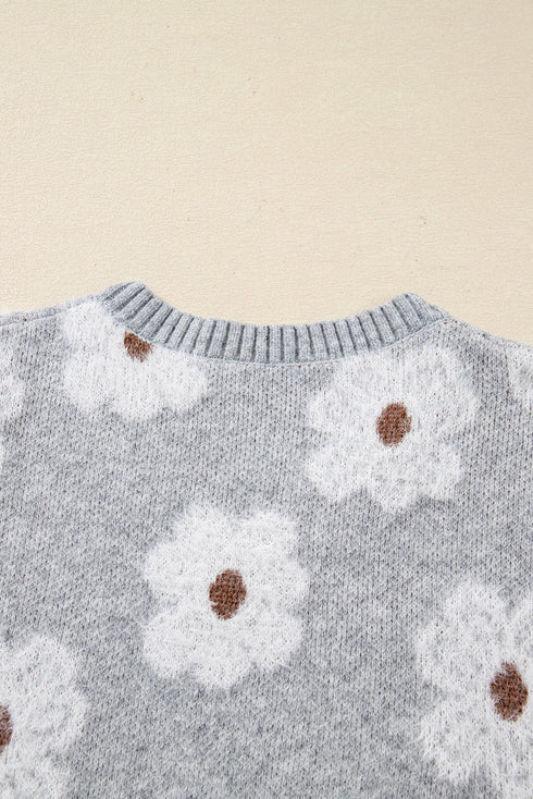 Relaxed V Neck Fuzzy Floral Pattern Pullover Sweater