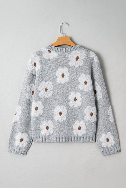 Relaxed V Neck Fuzzy Floral Pattern Pullover Sweater