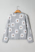 Relaxed V Neck Fuzzy Floral Pattern Pullover Sweater