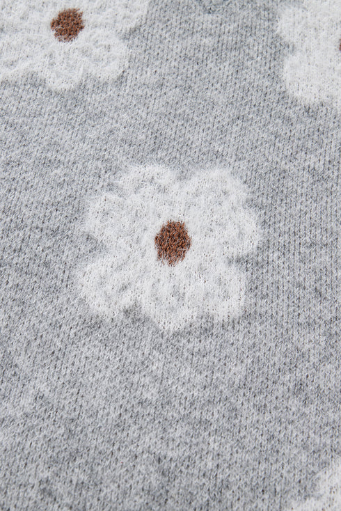 Relaxed V Neck Fuzzy Floral Pattern Pullover Sweater