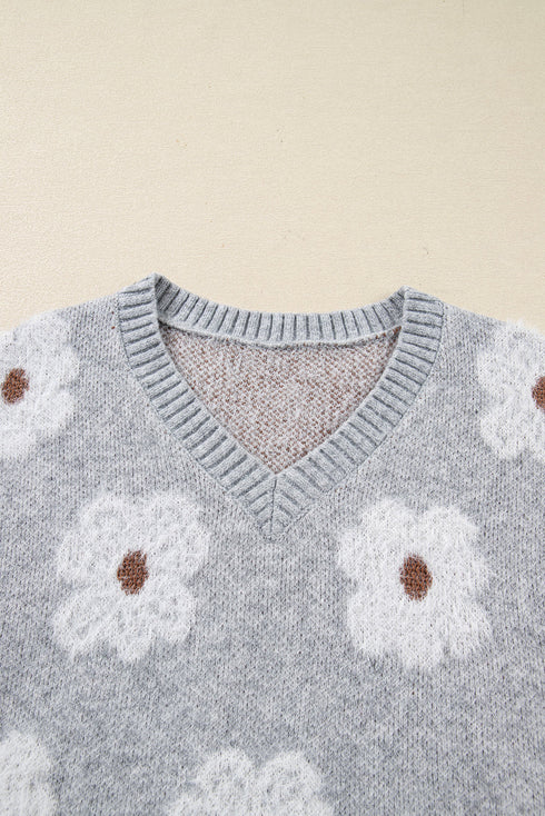 Relaxed V Neck Fuzzy Floral Pattern Pullover Sweater