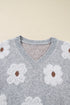 Relaxed V Neck Fuzzy Floral Pattern Pullover Sweater