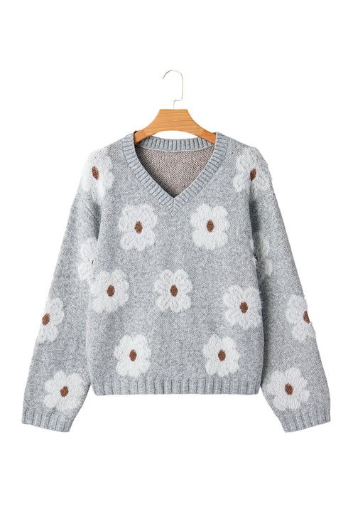 Relaxed V Neck Fuzzy Floral Pattern Pullover Sweater
