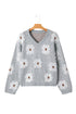 Relaxed V Neck Fuzzy Floral Pattern Pullover Sweater