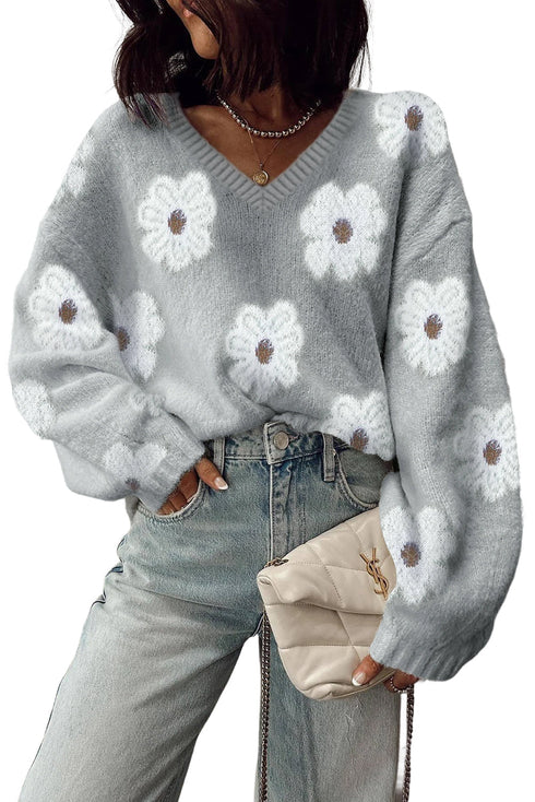 Relaxed V Neck Fuzzy Floral Pattern Pullover Sweater