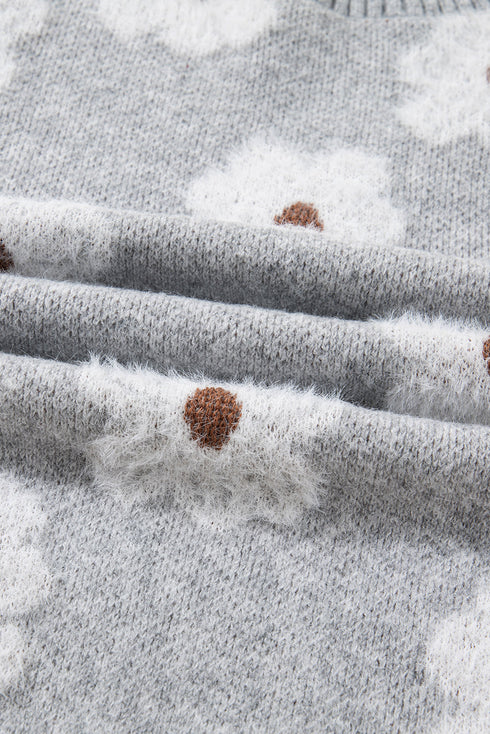 Relaxed V Neck Fuzzy Floral Pattern Pullover Sweater