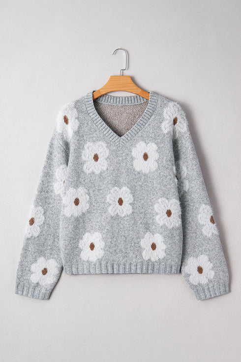 Relaxed V Neck Fuzzy Floral Pattern Pullover Sweater