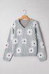 Relaxed V Neck Fuzzy Floral Pattern Pullover Sweater