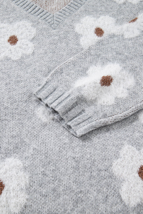 Relaxed V Neck Fuzzy Floral Pattern Pullover Sweater