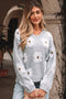 Relaxed V Neck Fuzzy Floral Pattern Pullover Sweater