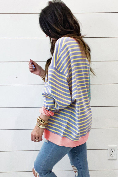 Relaxed V Neck Mixed Stripe Drop Shoulder Pullover Sweatshirt