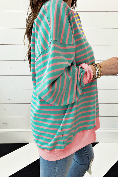 Relaxed V Neck Mixed Stripe Drop Shoulder Pullover Sweatshirt